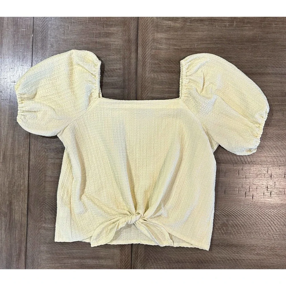 LOFT Women’s Square Neck Tie Front Soft Yellow Blouse Puff Sleeve Top Size M